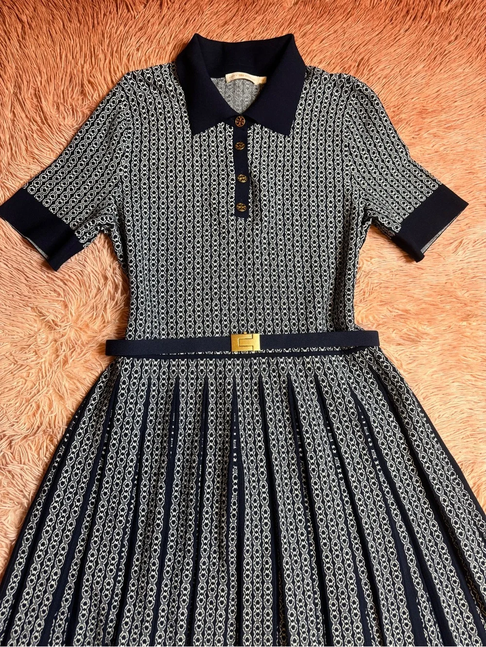 NWOT Tory Burch Gemini Link Jacquard Dress In Classic Ivory Tory Navy. Size L